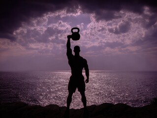 Silhouette of man lifting kettlebell