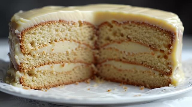 Delicious Tres Leches Cake Close Up with Creamy Topping on Ornate White Plate High Angle Shot Perfect for Bakery Promotions and Festive Celebrations, Exquisite Layers of Sweet Indulgence