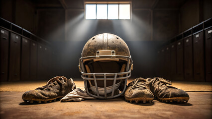 Worn Football Gear in Locker Room Still Life