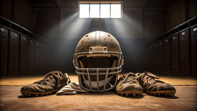 Worn Football Gear in Locker Room Still Life