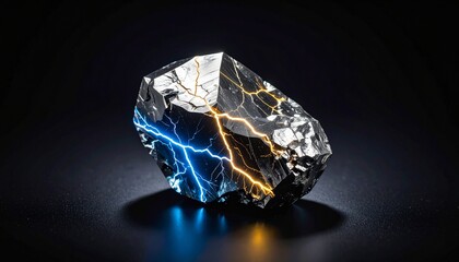 Futuristic nickel ore rock with glowing electric blue cracks.

