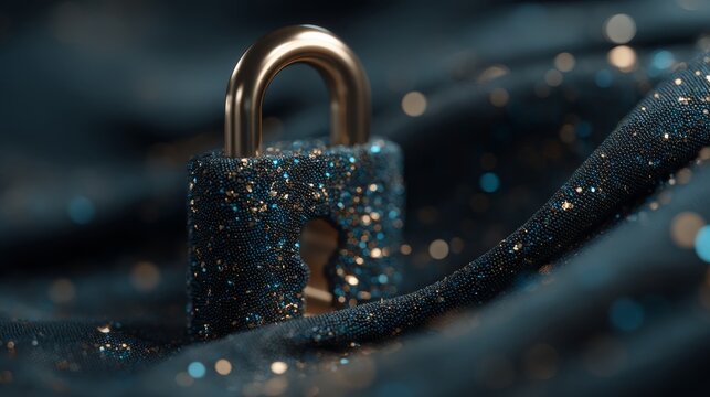 An ornate digital lock rests on dark blue fabric with sparkling glitter, symbolizing security, protection,