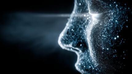 Two digital profiles facing each other, composed of white point clouds, one speaking with particle stream,