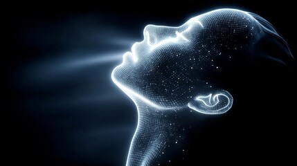 A human head profile made of glowing dots and lines, symbolizing transformation, enlightenment,