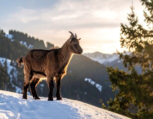 Obraz premium Goat on a snowy mountaintop at sunset
