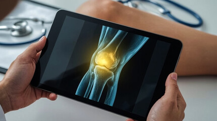 Doctor examines digital knee x ray on tablet highlighting joint pain and medical diagnosis with stethoscope in background