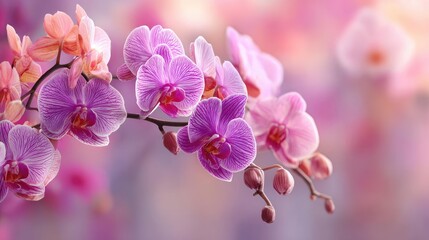 Orchid palette in flower tempo concept. Beautiful purple orchids blooming gracefully in soft light. © Thamonchanok