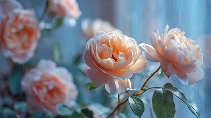 Alba rose echo in flower concept. Delicate peach roses blooming in soft natural light.