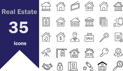 Real Estate Icon Set. Containing house, property, location pin, contract, mortgage, agent, building, key, blueprint, apartment, listing, open house, and more. Editable line icons. Vector illustration