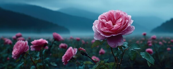 Alba rose echo in flower concept. A beautiful pink rose blooming in a misty field.