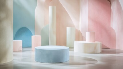 18.A collection of pastel-colored cylinder podiums in shades of soft blue, pink, and white, placed in a modern, abstract room with geometric walls and subtle shadows for a sophisticated and clean