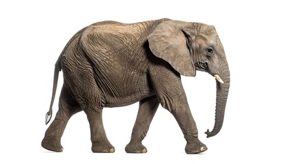 Obraz premium Side view profile of a majestic African elephant walking. Full body shot of the wild animal, isolated on a white background.