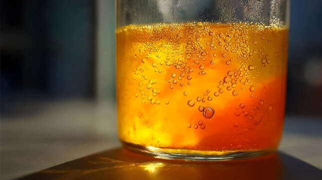 Close-up of a bubbly, orange beverage in a glass jar, showcasing effervescence and vibrant color.
