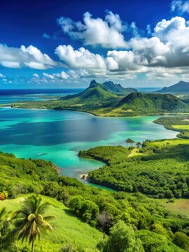 panoramic view of turquoise lagoon and lush green hills from Maconde viewpoint in Mauritius