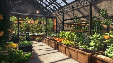Obraz premium Urban greenhouse interior with fresh produce, sunlight filtering through large windows