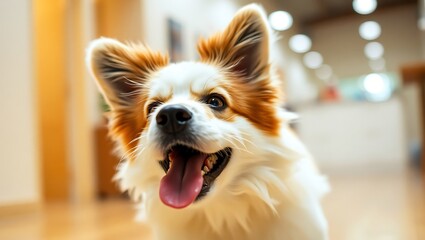 Close-Up Portrait of a Playful Fluffy Dog Running Indoors