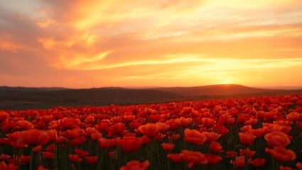 Golden Sunset Over a Vast Poppy Field