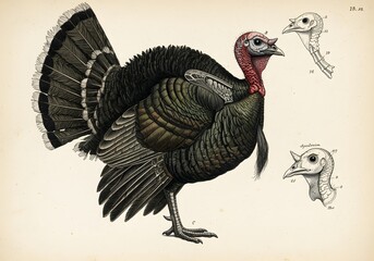 Vintage anatomical pencil drawing of a turkey thanksgiving