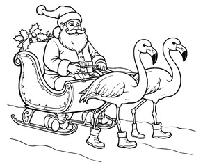 Santa’s Sleigh Pulled by Flamingos in Boots Christmas Coloring Page