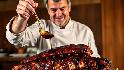 Master Chef Drizzling Signature Sauce Over Juicy Pork Ribs