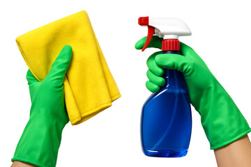 Hands in Green Rubber Gloves Holding Yellow Cleaning Cloth and Blue Spray Bottle Isolated on White Background