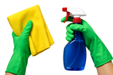 Hands in Green Rubber Gloves Holding Yellow Cleaning Cloth and Blue Spray Bottle Isolated on White Background
