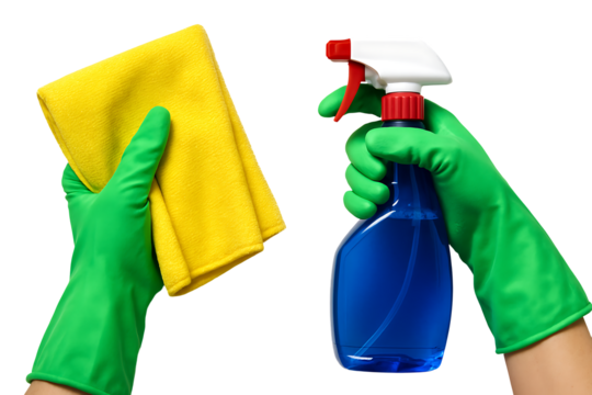 Hands in Green Rubber Gloves Holding Yellow Cleaning Cloth and Blue Spray Bottle Isolated on White Background