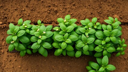 Top-Down View of Thriving Basil Plants on a Lush Farm