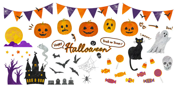 ハロウィンのイラスト素材セット　カボチャ、こうもり、お菓子などの手描き風のベクターイラスト