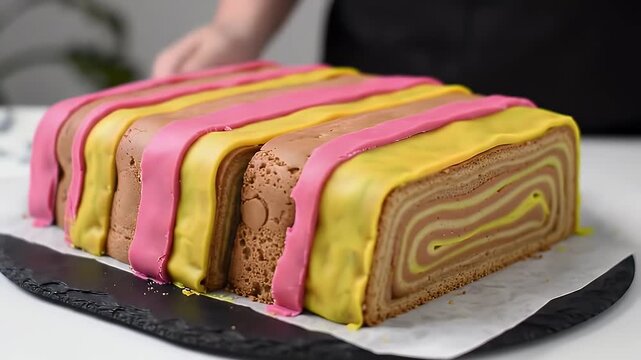 Exquisite Battenberg Cake with Pink and Yellow Marzipan Stripes Displayed on Black Serving Plate White Table a Culinary Masterpiece Perfect for Bakery Pastry Promotion Video