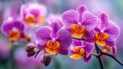 Fototapeta na wymiar Orchid palette in flower tempo concept. Close-up of vibrant purple orchids in natural light.