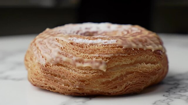 Exquisite Cronut on Marble Table with Glaze and Powdered Sugar Close Up View Displaying its Flaky Layers Perfect for Bakery and Pastry Promotions and Highlighting Culinary Art and Indulgent