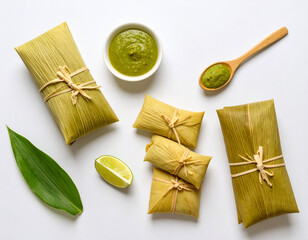 Tamales with salsa verde on top, spoon and lime wedge on the side, green and vibrant presentation.