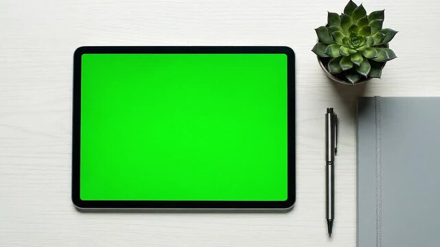 Digital tablet with a green screen for mockup on a white wooden desk. Modern workspace flat lay with a plant and pen.