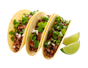 Authentic Mexican tacos with beef, onion, cilantro and lime wedges on white background.