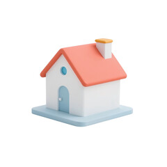 Charming 3D rendered cartoon house with coral roof standing on a light blue base