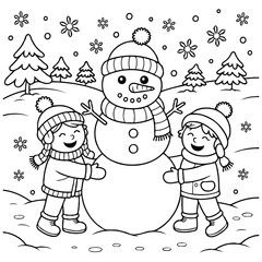 Snowy winter landscape, kids building a snowman together Coloring Page