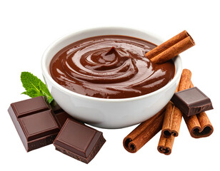 Similar bowl of mole with chocolate chunks and cinnamon sticks, rich and spiced sauce.