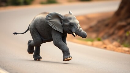 Adorable Baby Elephant Joyfully Running Down a Road &ndash; Blurred Background