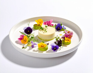 Gourmet ceviche served with avocado and edible flowers, vibrant tropical plate styling.