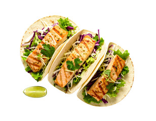 Folded taco filled with grilled fish, cabbage slaw and lime, perfect for light Mexican meal.