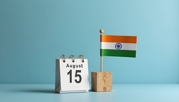 Commemorating India's Independence Day on August 15 with the national flag and a calendar against a blue background.