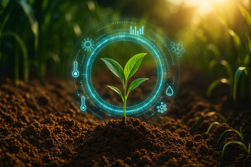 AI generated young green seedling growing in fertile soil with futuristic digital agriculture interface and glowing icons symbolizing data monitoring technology innovation and sustainable growth