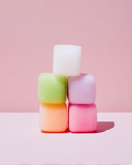 Stacked colorful marshmallow cubes on a pink surface