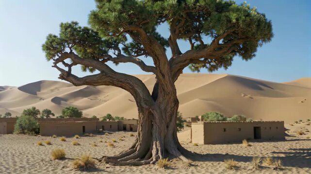 there is a tree in the middle of a desert with a building in the background