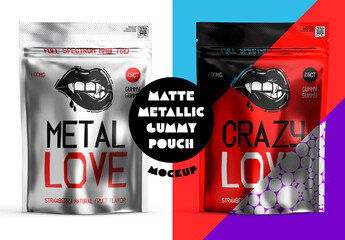 Metallic Gummy Pouch Mockup – Smart Object PSD, Foil Finish Stand-Up Bag