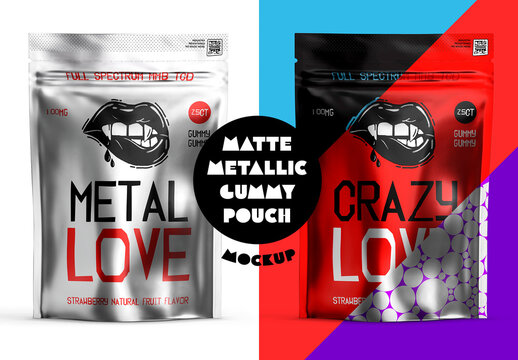 Metallic Gummy Pouch Mockup &ndash; Smart Object PSD, Foil Finish Stand-Up Bag