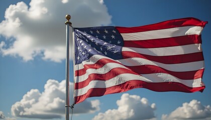 Obraz premium The flag of the United States of America waving proudly against a bright blue sky with white clouds, symbolizing freedom and patriotism.
