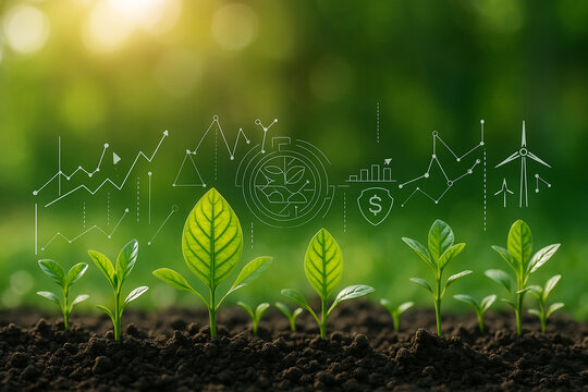 AI generated vibrant seedlings sprouting from rich soil surrounded by glowing digital icons and data graphics symbolizing innovation precision agriculture and sustainable growth