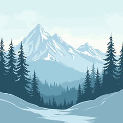 Fototapeta premium Winter mountain landscape with snow-capped peaks and dense forests.